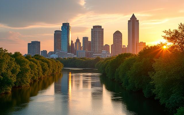 Panoramic view of the Austin, Texas skyline at sunset, with Lady Bird Lake in the foreground, representing innovation and a healthy environment.