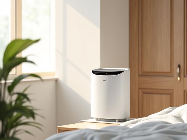 Modern air purifier in a serene bedroom setting