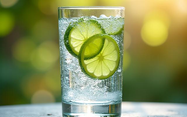 Someone holding a glass of water with lime slices, in a bright, natural setting.