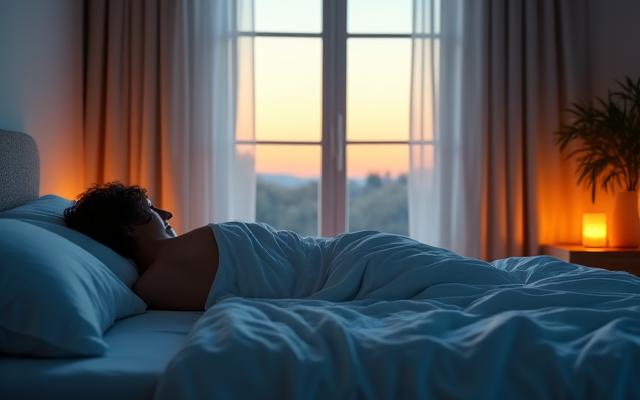A serene bedroom scene with soft lighting and a person peacefully sleeping.