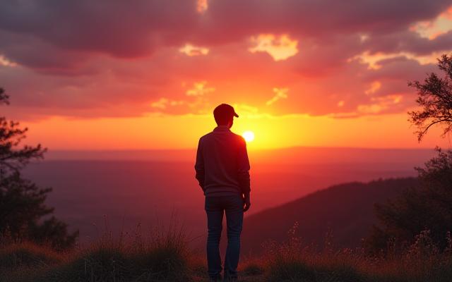 A person looking calmly at a sunset, with no phone in hand, symbolizing a digital detox.