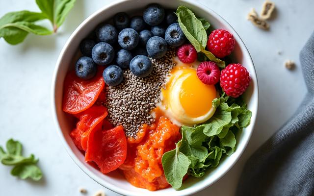 Close-up of a vibrant bowl of gut-healthy food like kimchi, yogurt, and berries.