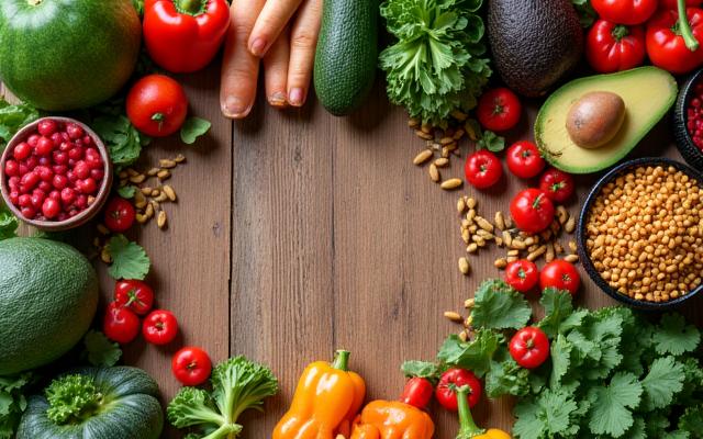 An artfully arranged spread of colorful plant-based ingredients on a wooden table.