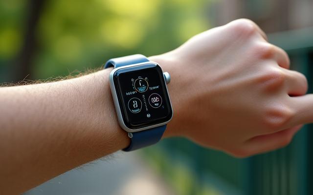 A close-up of a sleek smartwatch displaying health metrics on a wrist during a walk.
