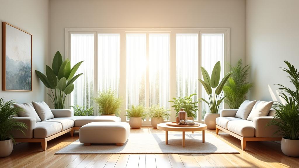 Light-filled living room with plants and comfortable seating, promoting calm