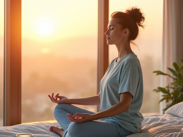 Woman meditating in a serene morning light