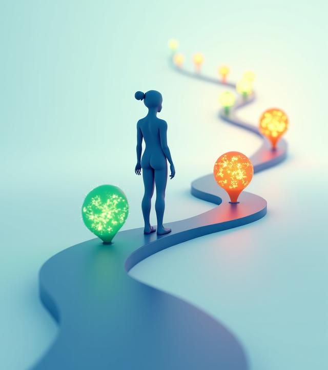 Illustration of a person engaging with various wellness activities like meditation, exercise, and healthy eating, with data visualizations