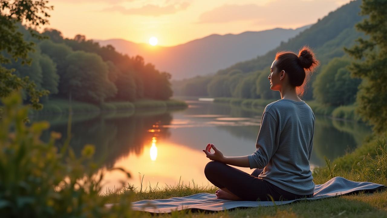 A person meditating peacefully by a calm lake with lush greenery, embodying mental fitness and holistic wellness.