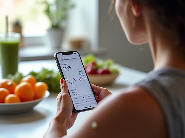 Person wearing a CGM sensor on arm, looking at a smartphone displaying health data