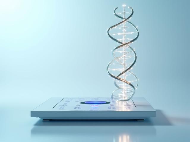 Conceptual image of DNA helix and a weighing scale
