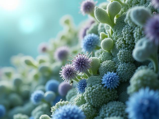 Abstract image of diverse gut bacteria, microscopic view