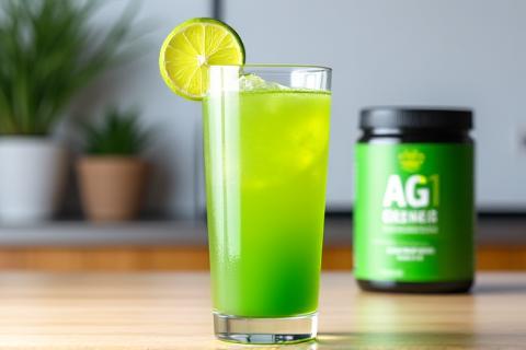 Athletic Greens AG1 powder in a glass with water