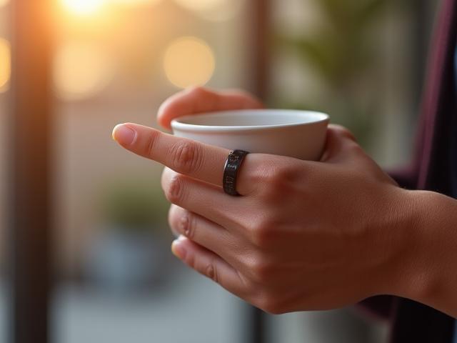 Close-up of Oura Ring Gen3 on a person's finger, highlighting its sleek design and advanced sensors.