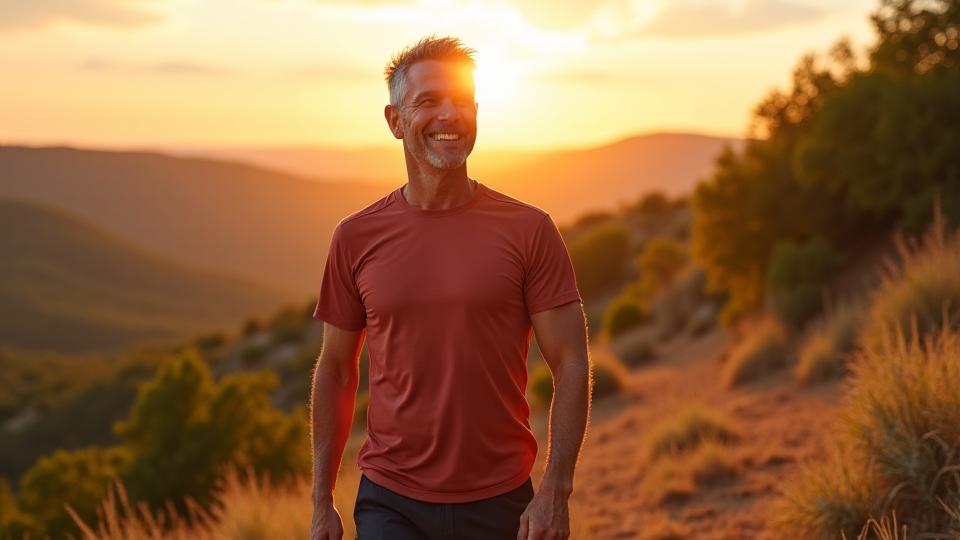 Mark, a 48-year-old man smiling while on a hiking trail, healthy and active.